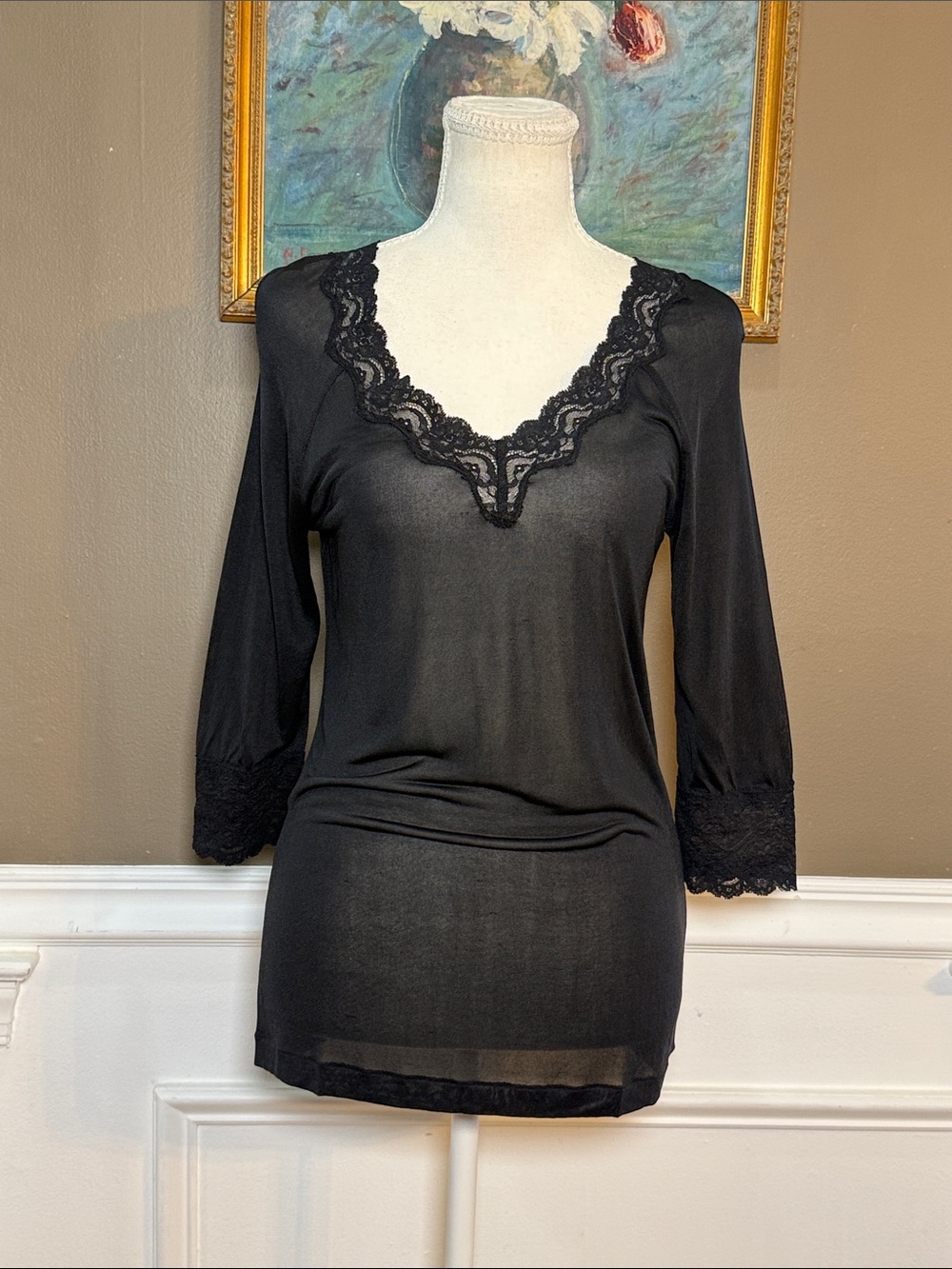 WinterSilks 100% Pure Silk Black Sheer Lace Trim Top M Whimsigoth